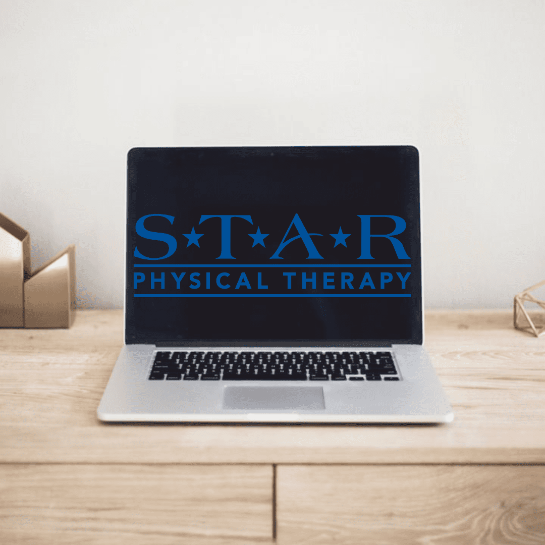 A picture of a computer with the STAR Physical Therapy logo for a Virtual Physical Therapy appointment.